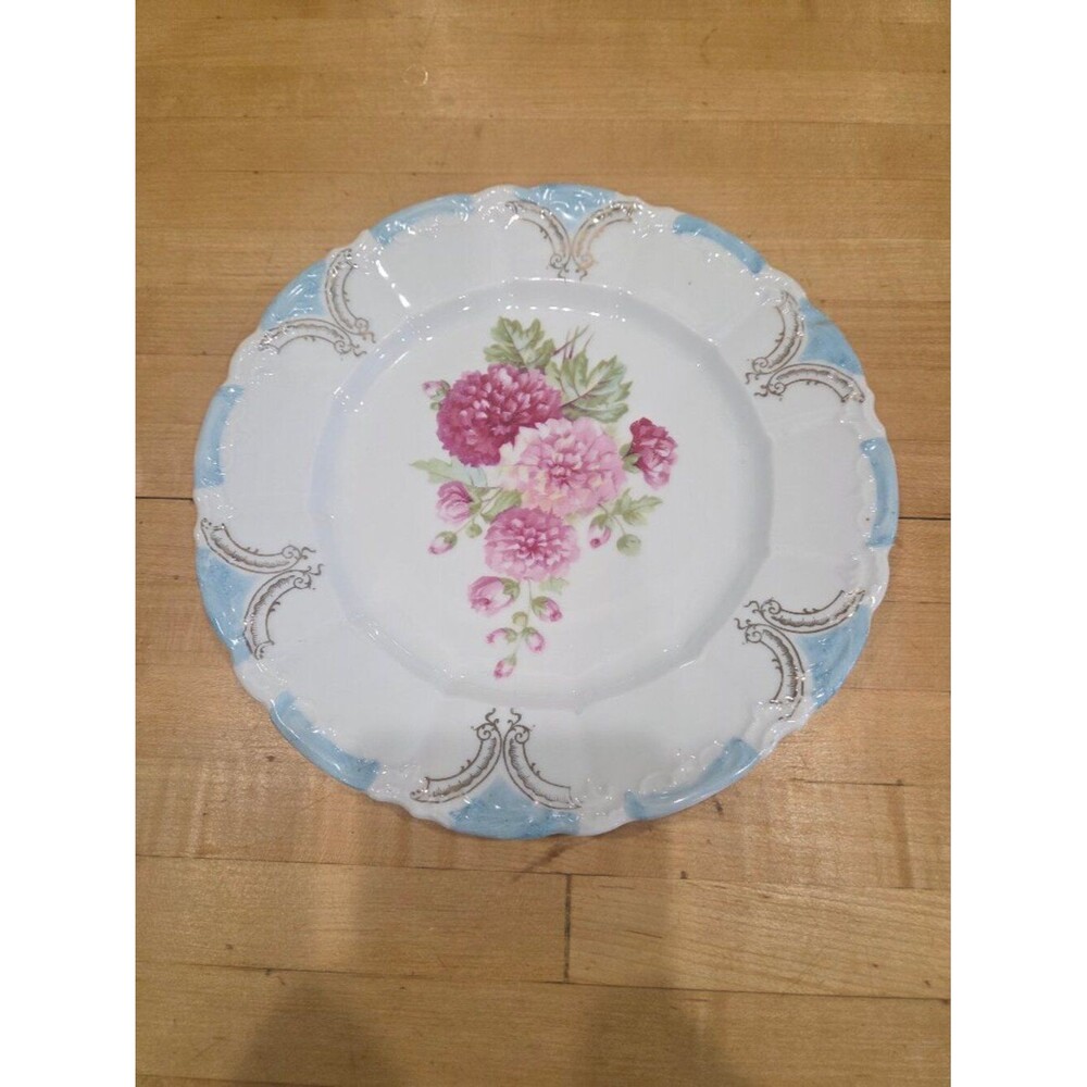 Antique Weimar Germany Porcelain Floral Plate 8.5 Inch Blue Gold Scalloped